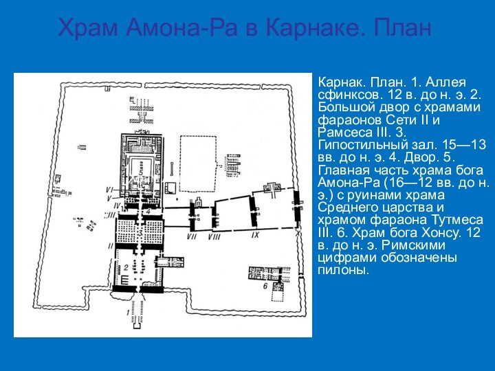 Храм Амона-Ра в Карнаке. План  Карнак. План. 1. Аллея сфинксов. 12 в. до н.