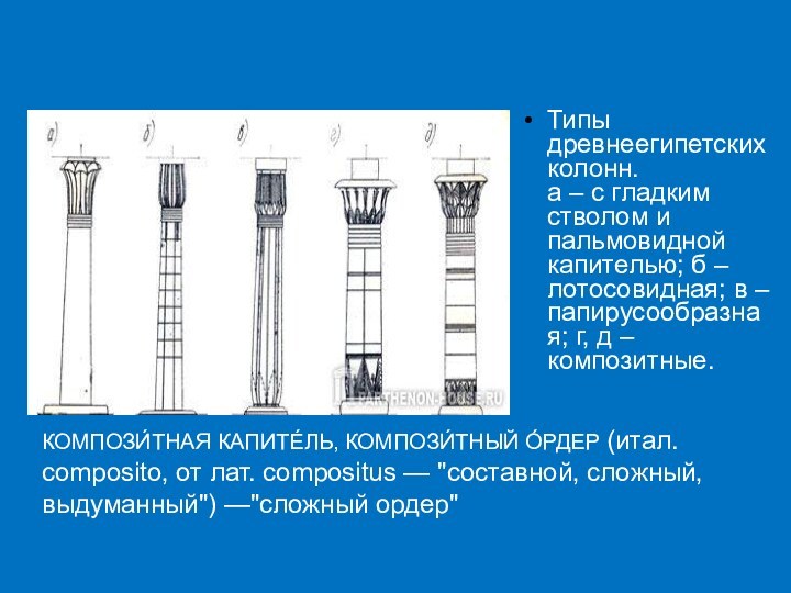 Типы древнеегипетских колонн. а – с гладким стволом и пальмовидной капителью; б – лотосовидная;