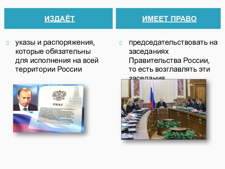 ИЗДАЁТИМЕЕТ ПРАВОуказы и распоряжения, которые обязательны для исполнения на всей территории Россиипредседательствовать на заседаниях Правительства
