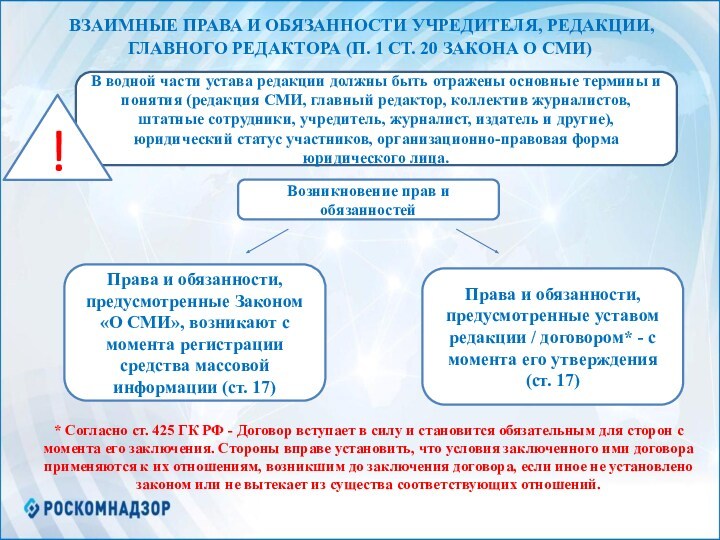 Принципа 20 4. Обязанности учредителя. Должности в СМИ. Обязанности СМИ. Требования ст33005.