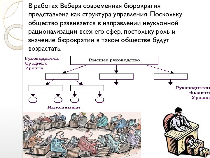 В работах Вебера современная бюрократия представлена как структура управления. Поскольку общество развивается в направлении неуклонной