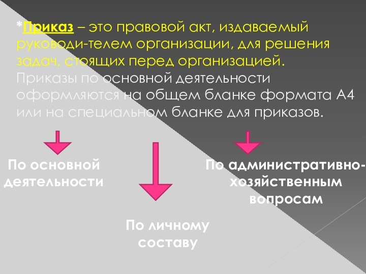 *Приказ – это правовой акт, издаваемый руководи-телем организации, для решения задач, стоящих перед организацией. Приказы