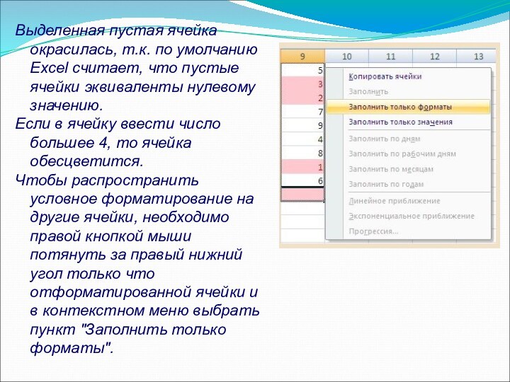 Выделенная пустая ячейка окрасилась, т.к. по умолчанию Excel считает, что пустые ячейки эквиваленты нулевому значению.