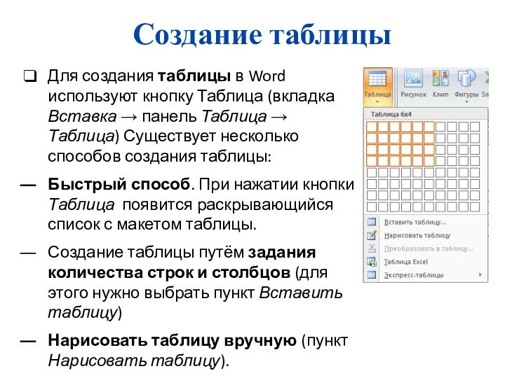 Создание таблицыДля создания таблицы в Word используют кнопку Таблица (вкладка Вставка → панель Таблица →