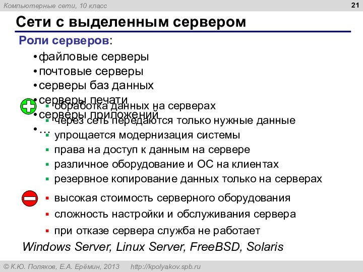 Сети с выделенным сервером Роли серверов: файловые серверы почтовые серверы серверы баз данных серверы печати