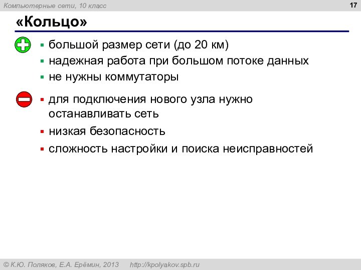 «Кольцо» большой размер сети (до 20 км) надежная работа при большом потоке данных не нужны