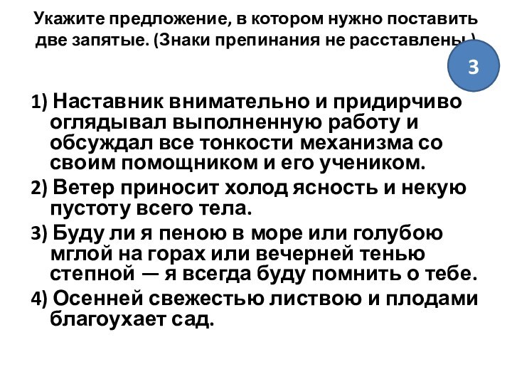 Укажите предложение, в котором нужно поставить две запятые. (Знаки препинания не расставлены.)
 1) Наставник внимательно