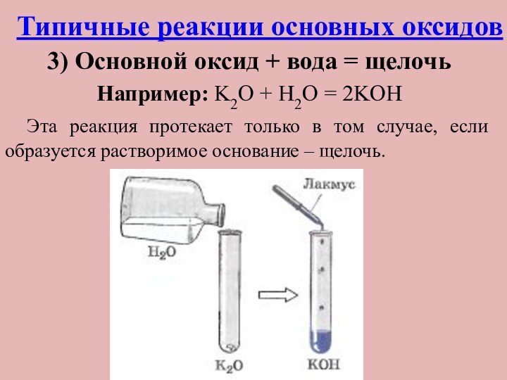 Типичные реакции основных оксидов3) Основной оксид + вода = щелочьНапример: K2O + H2O = 2KOH