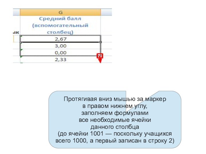 Протягивая вниз мышью за маркер
 в правом нижнем углу, 
 заполняем формулами
 все необходимые ячейки