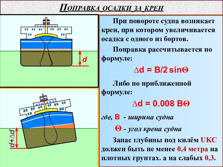 Поправка осадки за кренПри повороте судна возникает крен, при котором увеличивается осадка с одного из