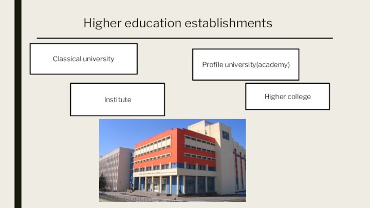 Higher education establishments Classical university Profile university(academy)Institute Higher college