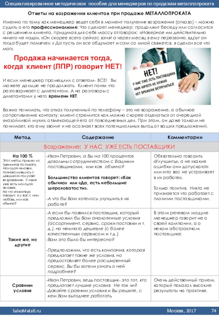 Ответы на возражения клиентов при продаже МЕТАЛЛОПРОКАТАИменно по тому как менеджер ведет себя в момент