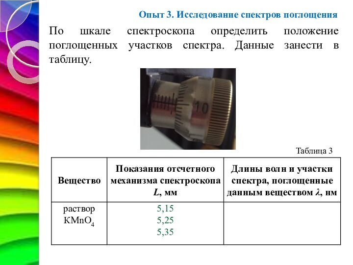 Опыт 3. Исследование спектров поглощенияПо шкале спектроскопа определить положение поглощенных участков спектра. Данные занести в