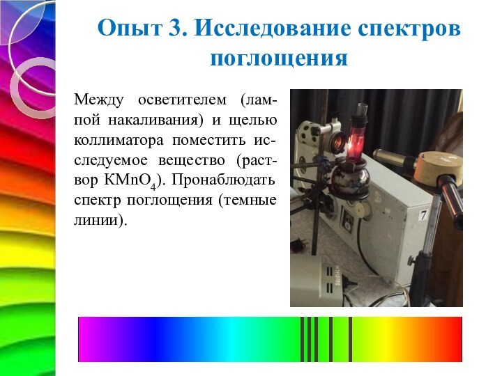 Опыт 3. Исследование спектров поглощенияМежду осветителем (лам-пой накаливания) и щелью коллиматора поместить ис-следуемое вещество (раст-вор