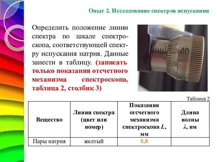 Опыт 2. Исследование спектров испусканияОпределить положение линии спектра по шкале спектро-скопа, соответствующей спект-ру испускания натрия.