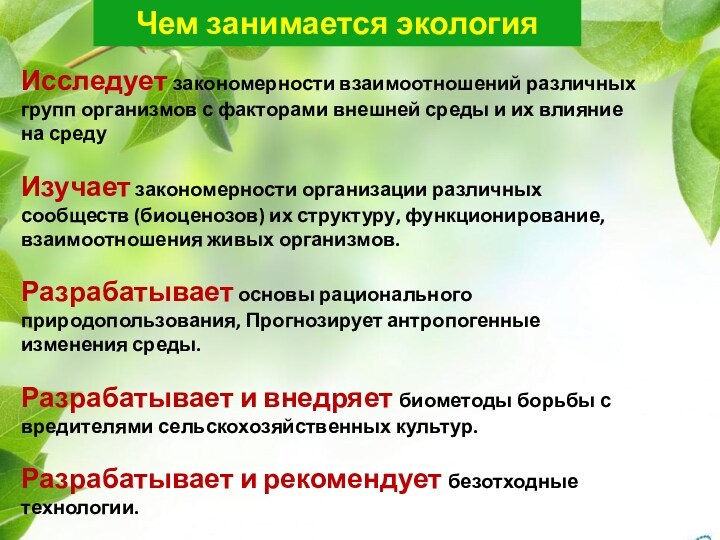 Изучает закономерности внешнего строения. Закономерности взаимоотношений организмов и среды. Взаимоотношения отдельных организмов с окружающей средой. Закономерности взаимодействия с окружающей средой.. Предмет и задачи экологии.