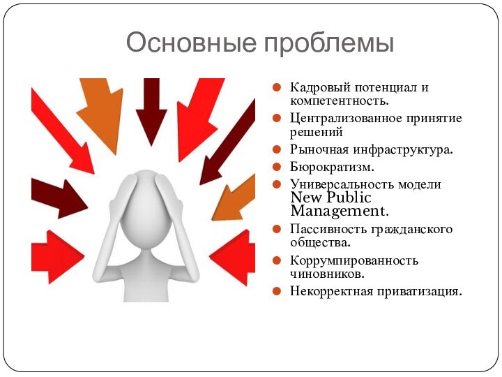 Основные проблемы Кадровый потенциал и компетентность.Централизованное принятие решенийРыночная инфраструктура.Бюрократизм.Универсальность модели New Public Management.Пассивность гражданского общества.Коррумпированность