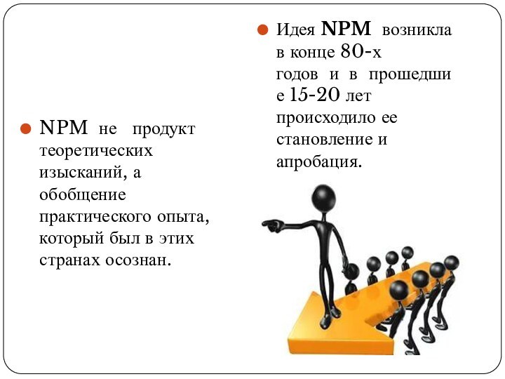 Идея NPM  возникла в конце 80-х годов  и  в  прошедшие 15-20 лет происходило ее становление