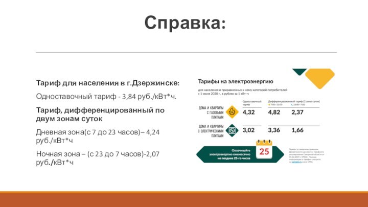 Справка:
 
 Тариф для населения в г.Дзержинске:Одноставочный тариф - 3,84 руб./кВт*ч.Тариф, дифференцированный по двум зонам