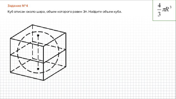 Задание №4Куб описан около шара, объем которого равен 3π. Найдите объем куба.