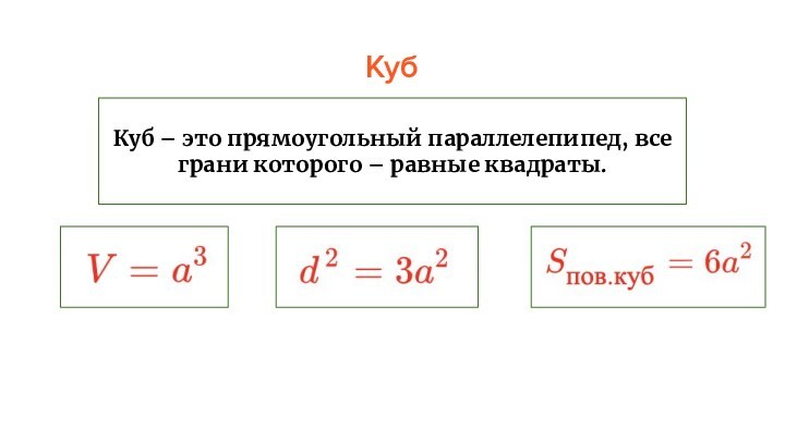 КубКуб – это прямоугольный параллелепипед, все грани которого – равные квадраты.