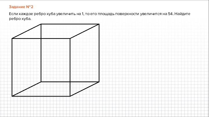 Задание №2Если каждое ребро куба увеличить на 1, то его площадь поверхности увеличится на 54.
