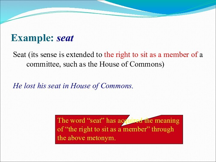 Example: seatSeat (its sense is extended to the right to sit as a member of