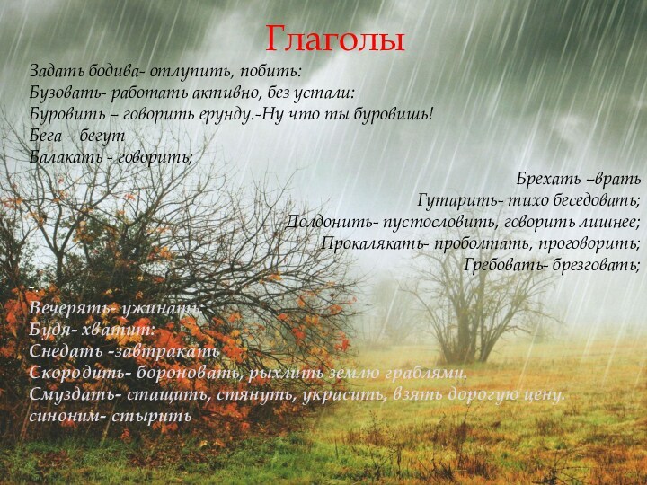 ГлаголыЗадать бодива- отлупить, побить:Бузовать- работать активно, без устали:Буровить – говорить ерунду.-Ну что ты буровишь!Бега –