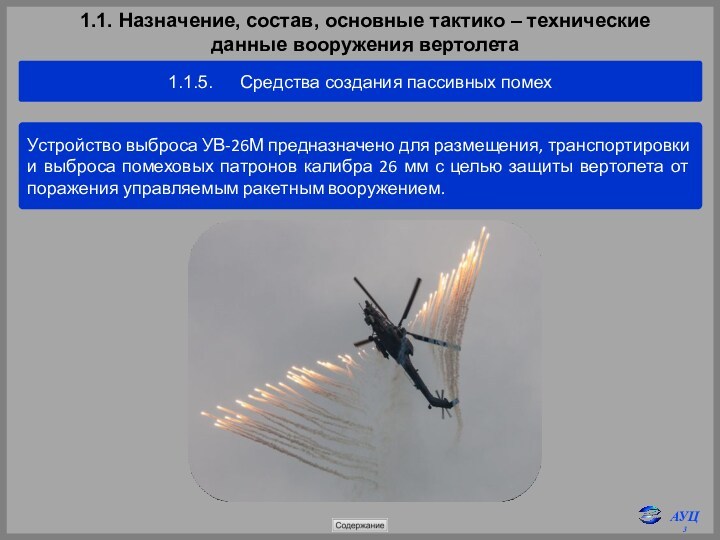 1.1. Назначение, состав, основные тактико – технические 
 данные вооружения вертолета1.1.5.	Средства создания пассивных помехУстройство выброса