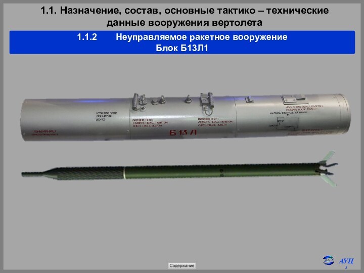 1.1. Назначение, состав, основные тактико – технические 
 данные вооружения вертолета1.1.2	 Неуправляемое ракетное вооружениеБлок Б13Л1