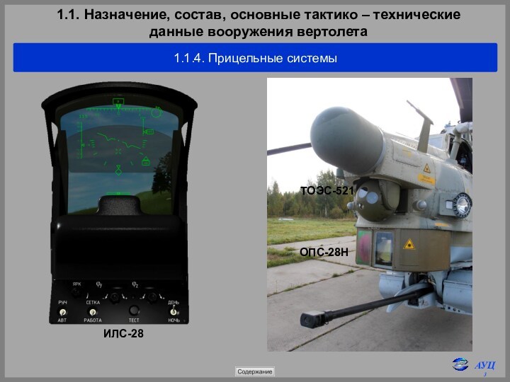 1.1. Назначение, состав, основные тактико – технические 
 данные вооружения вертолета1.1.4. Прицельные системыИЛС-28ТОЭС-521ОПС-28Н