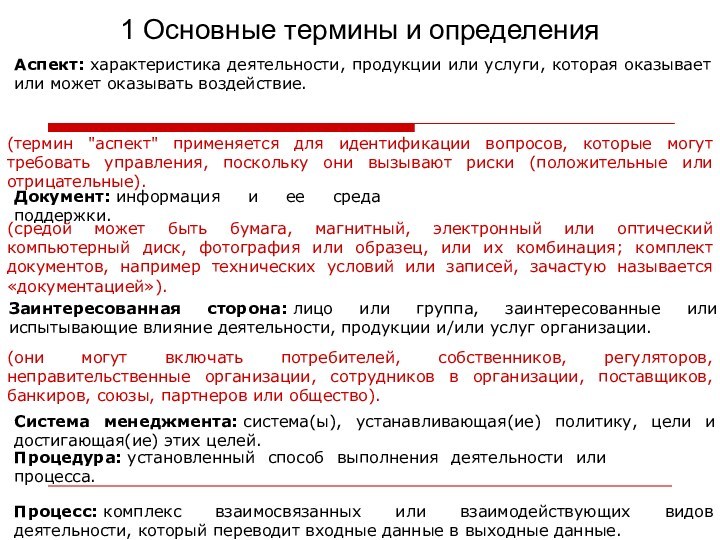 1 Основные термины и определенияАспект: характеристика деятельности, продукции или услуги, которая оказывает или может оказывать воздействие.