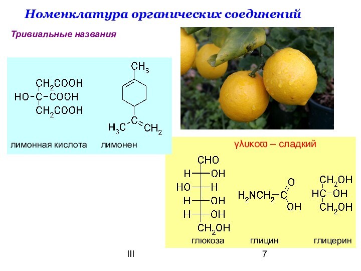 IIIНоменклатура органических соединенийТривиальные названия глюкоза	   глицин    глицеринγλυκοϖ – сладкий лимонная кислота	лимонен