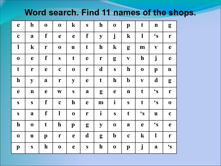 Word search. Find 11 names of the shops.