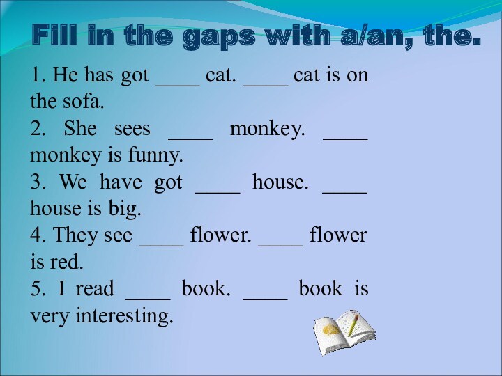 Fill in the gaps with a/an, the. 1. He has got ____ cat. ____ cat