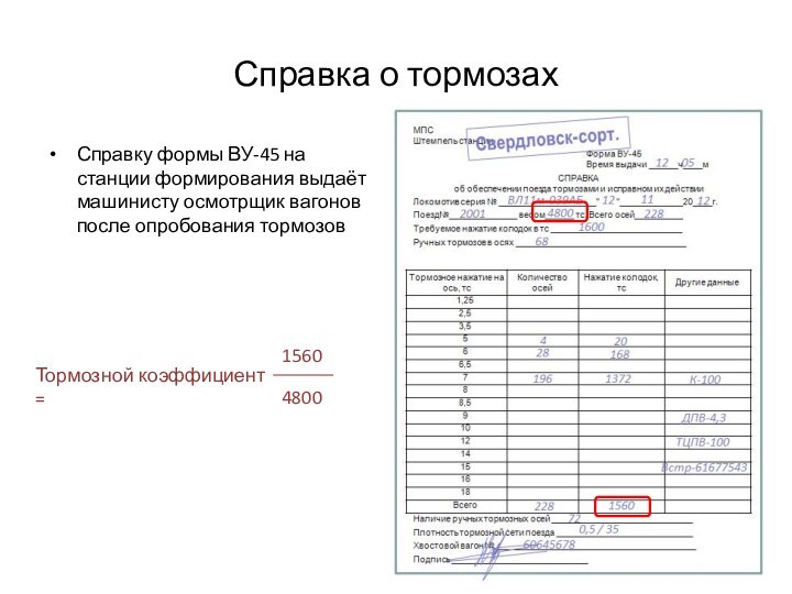 Справка о тормозахСправку формы ВУ-45 на станции формирования выдаёт машинисту осмотрщик вагонов после опробования тормозов