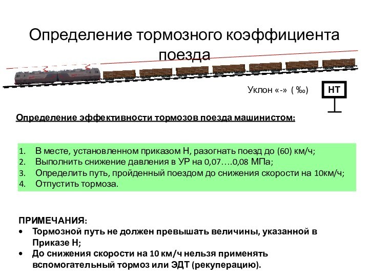 Определение тормозного коэффициента поездаОпределение эффективности тормозов поезда машинистом:В месте, установленном приказом Н, разогнать поезд до