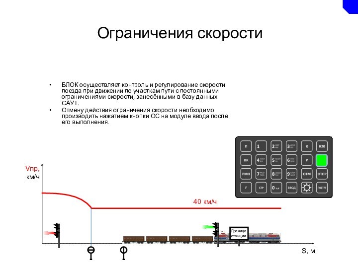 Ограничения скоростиБЛОК осуществляет контроль и регулирование скорости поезда при движении по участкам пути с постоянными