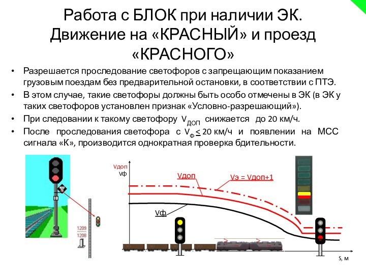 Работа с БЛОК при наличии ЭК.
 Движение на «КРАСНЫЙ» и проезд «КРАСНОГО»Разрешается проследование светофоров с