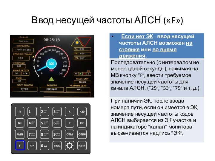 Ввод несущей частоты АЛСН («F»)