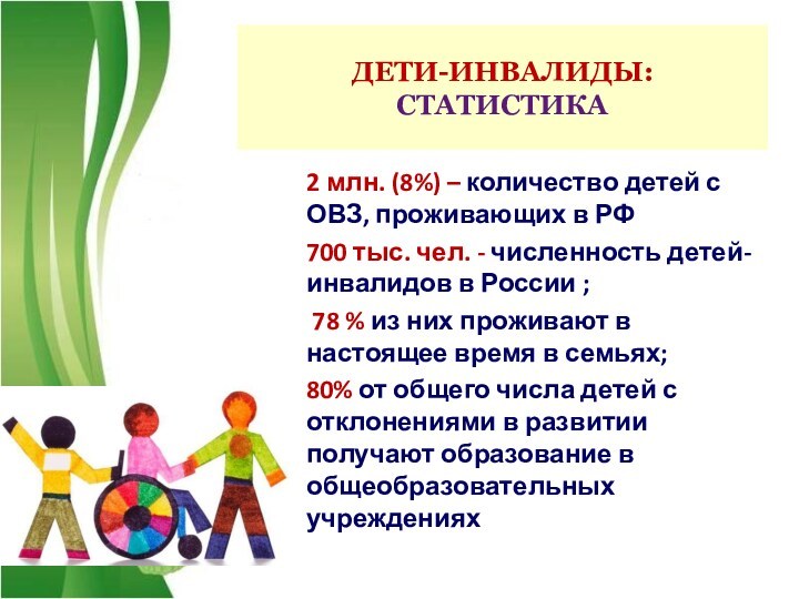 2 млн. (8%) – количество детей с ОВЗ, проживающих в РФ700 тыс. чел. - численность