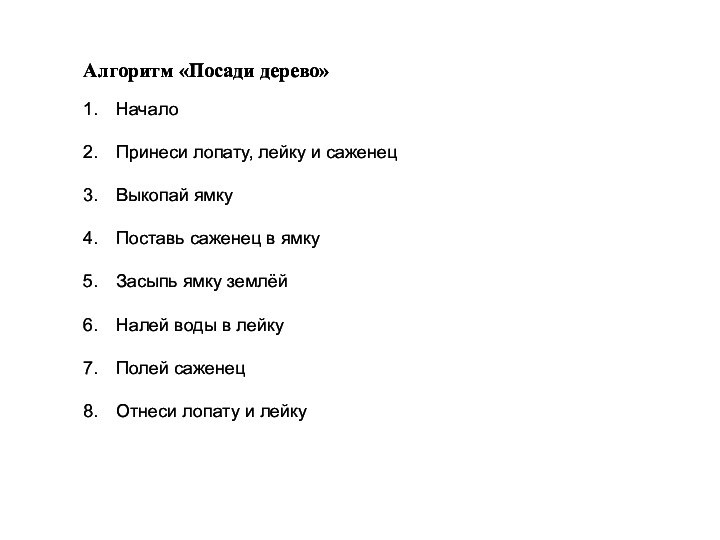 Алгоритм «Посади дерево»НачалоПринеси лопату, лейку и саженецВыкопай ямкуПоставь саженец в ямкуЗасыпь ямку землёйНалей воды в