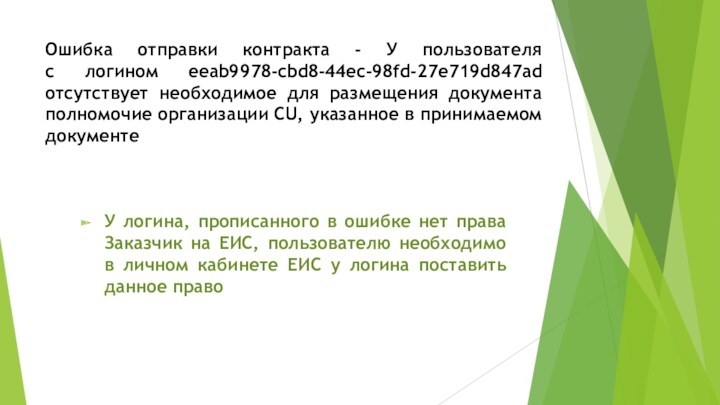 Ошибка отправки контракта - У пользователя 
 с логином eeab9978-cbd8-44ec-98fd-27e719d847ad отсутствует необходимое для размещения документа