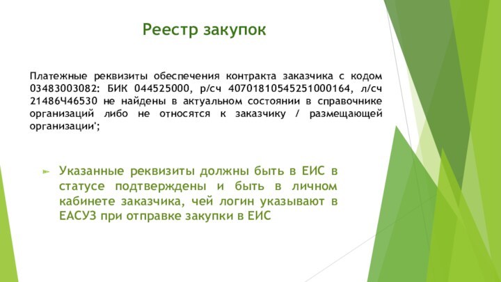 Реестр закупокУказанные реквизиты должны быть в ЕИС в статусе подтверждены и быть в личном кабинете