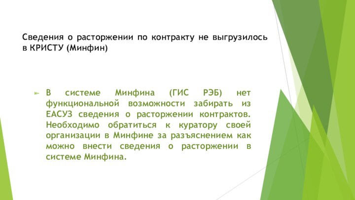 Сведения о расторжении по контракту не выгрузилось в КРИСТУ (Минфин)В системе Минфина (ГИС РЭБ) нет