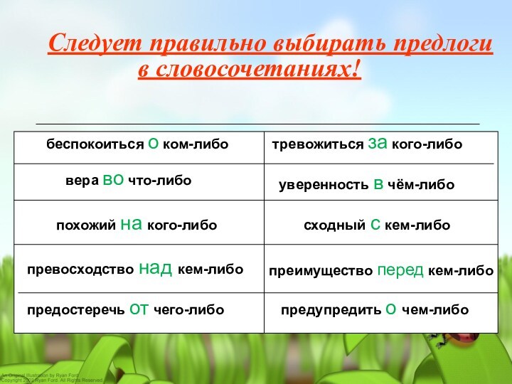 Следует правильно выбирать предлоги       в