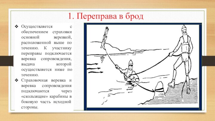 Переправа в брод. Техника переправы в брод. Выше по течению.