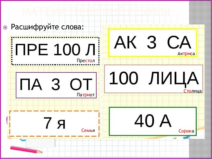 МАТЕМАТИЧЕСКИЕ РЕБУСЫРасшифруйте слова:ПрестолПатриотСемьяАктрисаСтолицаСорока