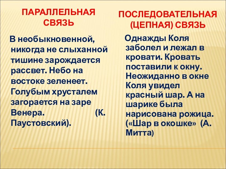 В необыкновенной тишине зарождается. В необыкновенно, никогда не слыханной тишине зарождается рассвет. Текст с цепной связью.