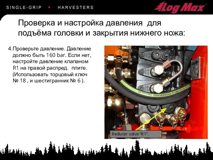 Проверьте давление. Давление должно быть 160 bar. Если нет, настройте давление клапаном R1 на правой